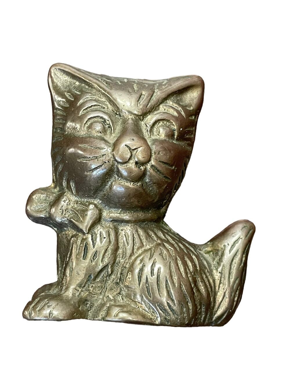 Vintage Brass Kitten Sitting Cat Figure Taiwan For Action Paperweight MCM Metal